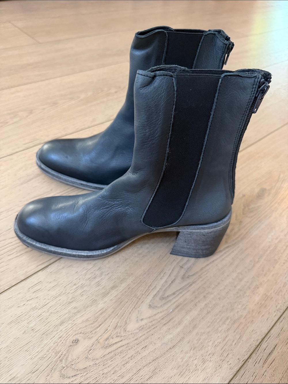 Free People Black Leather Ankle Boots with Stacked Heel